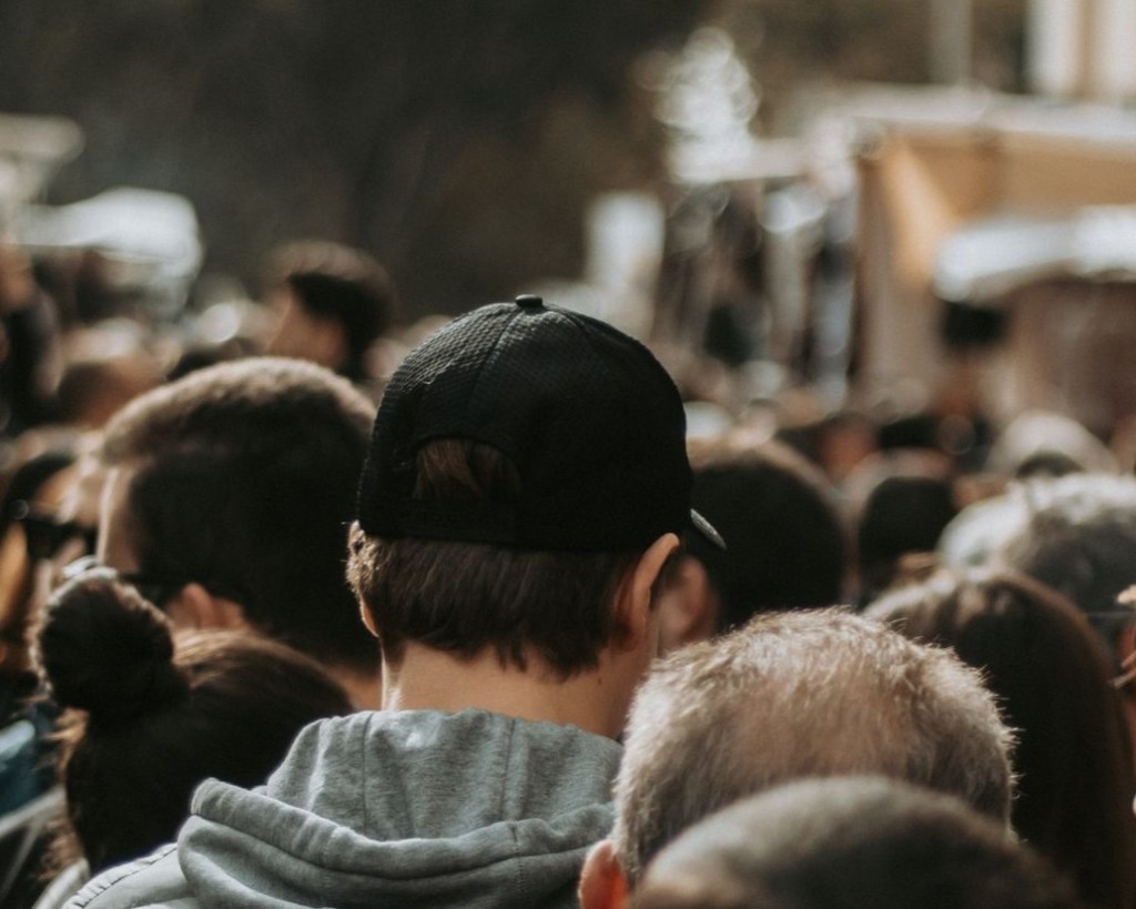A crowd of people outside.